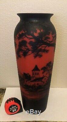 Huge 19.75 Antique Art Glass Loetz French Cameo Vase Signed Richard Red & Blue