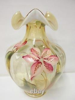 K3289HP Fenton 9'' Silken Sand withFrench Opalescent Vase HP Floral Design