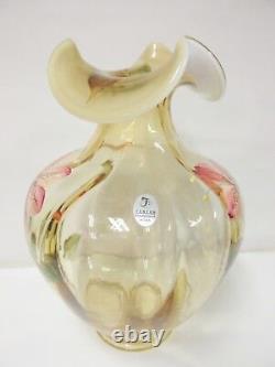 K3289HP Fenton 9'' Silken Sand withFrench Opalescent Vase HP Floral Design