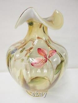 K3289HP Fenton 9'' Silken Sand withFrench Opalescent Vase HP Floral Design