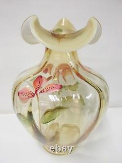 K3289HP Fenton 9'' Silken Sand withFrench Opalescent Vase HP Floral Design