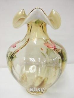 K3289HP Fenton 9'' Silken Sand withFrench Opalescent Vase HP Floral Design