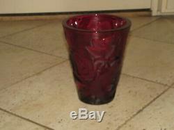 LALIQUE, France ISPAHAN Glass Crystal Vase Signed Beautiful Red Glass! Roses