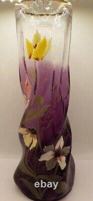 LAMARTINE CYCLAMEN LEGRAS MONT JOYE AMETHYST ENAMEL ART GLASS VASE Signed