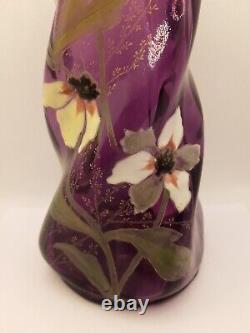 LAMARTINE CYCLAMEN LEGRAS MONT JOYE AMETHYST ENAMEL ART GLASS VASE Signed