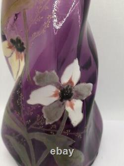 LAMARTINE CYCLAMEN LEGRAS MONT JOYE AMETHYST ENAMEL ART GLASS VASE Signed