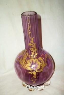 LEGRAS et CIE GILT ROCOCO REVIVAL PURPLE GLASS VASE FOOTED FLUTED FRENCH 1890s