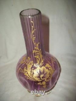 LEGRAS et CIE GILT ROCOCO REVIVAL PURPLE GLASS VASE FOOTED FLUTED FRENCH 1890s