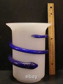 LG 1800's Bohemian French Baccarat Opaline Cobalt Glass Applied Snake Vase Blown