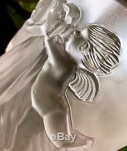 Lalique Angelots Vase Crystal Cherubs Design #12505 Signed Authentic 10.75 Tall