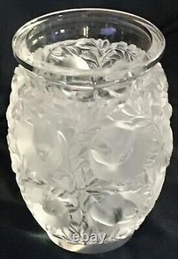 Lalique Bagatelle 6 3/4Vase. Birds & Foliage in High Relief. Satin/Clear Crystal
