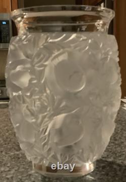 Lalique Bagatelle Frosted Crystal Sparrow & Foliage Vase France Signed Art Glass