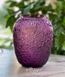 Lalique Biches Vase in Amethyst Crystal Excellent Condition Signed & Authentic