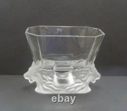 Lalique Crystal VENISE bowl / vase, Frosted Double Lion Heads Base