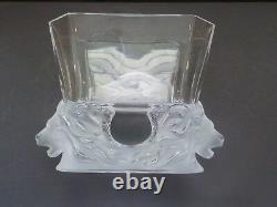 Lalique Crystal VENISE bowl / vase, Frosted Double Lion Heads Base