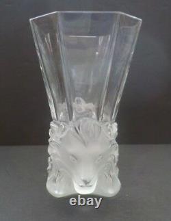 Lalique Crystal VENISE bowl / vase, Frosted Double Lion Heads Base