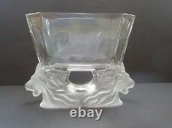 Lalique Crystal VENISE bowl / vase, Frosted Double Lion Heads Base