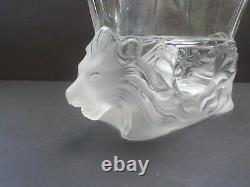 Lalique Crystal VENISE bowl / vase, Frosted Double Lion Heads Base