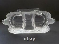 Lalique Crystal VENISE bowl / vase, Frosted Double Lion Heads Base