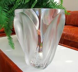 Lalique France Crystal Art Glass Ingrid Vase Leaves Petals Flower Signed Large