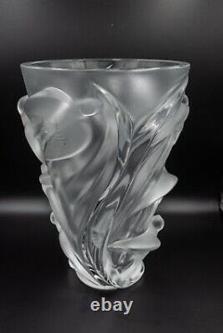 Lalique France Crystal Martinets Sparrow Bird Vase 9 3/4 H Frosted Glass