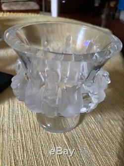 Lalique France Dampierre Frosted Crystal Sparrow Bird & Vine Art Glass Vase NJW