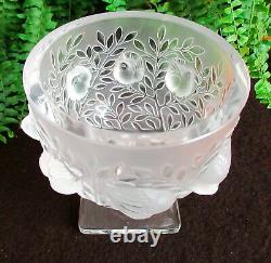 Lalique France Elizabeth Satin Crystal Vase Sparrows Flora Fauna Bowl Art Glass