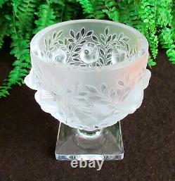 Lalique France Elizabeth Satin Crystal Vase Sparrows Flora Fauna Bowl Art Glass