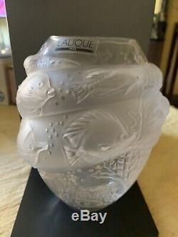 Lalique French Crystal Marina Vase Mint Signed Authentic Underwater Scenes + Box