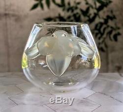 Lalique Orchidee (Orchid) Vase Clear Crystal with attached Opalescent Orchids