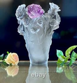 Large 13.8 Daum Rose Passion Vase Silver Gray Ltd Edition Pate de Verre Crystal