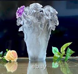 Large 13.8 Daum Rose Passion Vase Silver Gray Ltd Edition Pate de Verre Crystal