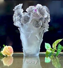 Large 13.8 Daum Rose Passion Vase Silver Gray Ltd Edition Pate de Verre Crystal