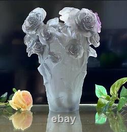 Large 13.8 Daum Rose Passion Vase Silver Gray Ltd Edition Pate de Verre Crystal