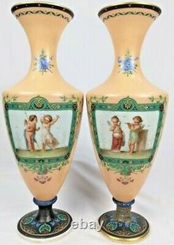 Large 18 Antique French Baccarat Opaline Glass Vases Hand Painted Cherubs Penet