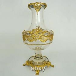 Large Antique French Gilt Bronze Ormolu Empire Style Glass Baluster Vase