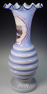 Large Antique Hand Painted Scenic Castle French Opaline Glass Vase 14 1/2