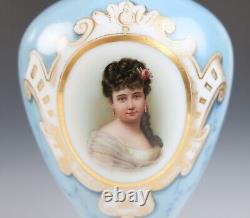 Large Antique Opaline Glass Hand Painted Portrait Vase Blue White Gilt French