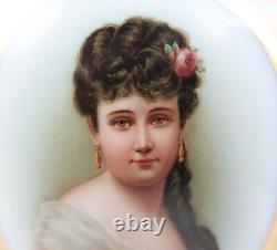 Large Antique Opaline Glass Hand Painted Portrait Vase Blue White Gilt French