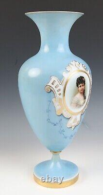 Large Antique Opaline Glass Hand Painted Portrait Vase Blue White Gilt French