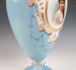 Large Antique Opaline Glass Hand Painted Portrait Vase Blue White Gilt French