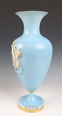 Large Antique Opaline Glass Hand Painted Portrait Vase Blue White Gilt French