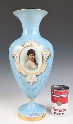 Large Antique Opaline Glass Hand Painted Portrait Vase Blue White Gilt French