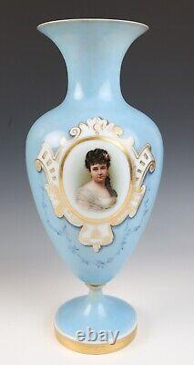 Large Antique Opaline Glass Hand Painted Portrait Vase Blue White Gilt French