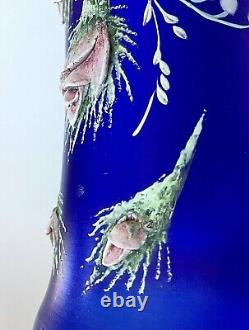 Legras Art Nouveau French Sapphire High Relief Enameled Blue Art Glass Vase