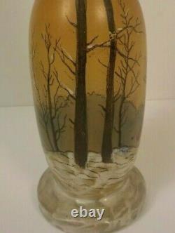 Legras French Art Glass 14.5 Vase, Enameled Winter Landscape, c. 1910