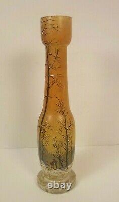 Legras French Art Glass 14.5 Vase, Enameled Winter Landscape, c. 1910