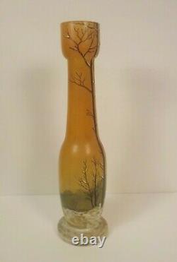 Legras French Art Glass 14.5 Vase, Enameled Winter Landscape, c. 1910