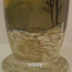 Legras French Art Glass 14.5 Vase, Enameled Winter Landscape, c. 1910