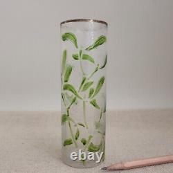 Legras French Cameo Glass Vase Art Nouveau Enameled Mistletoe Leaves Cylinder